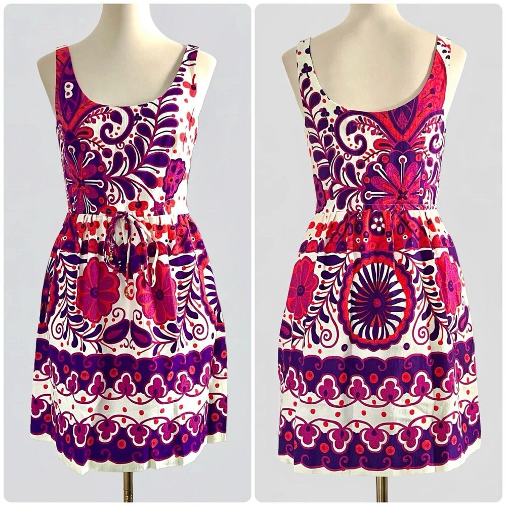 Trina Turk White Purple Floral Sleeveless A-Line Mini Dress Womens 4 Tie Waist
